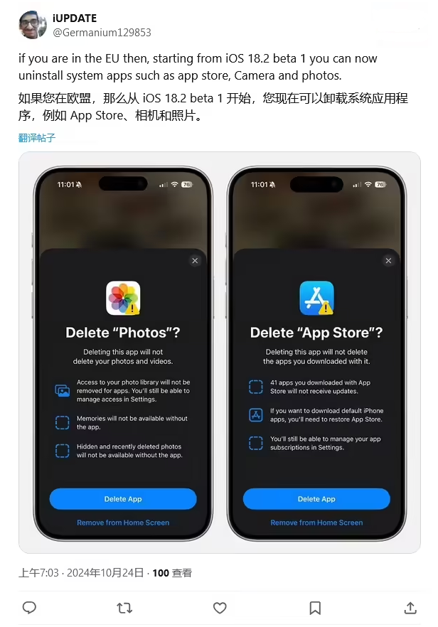 牙叉镇苹果手机维修分享iOS 18.2 支持删除 App Store 应用商店 