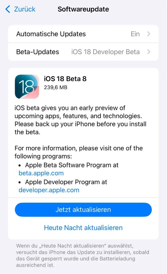 牙叉镇苹果手机维修分享苹果 iOS / iPadOS 18 开发者预览版 Beta 8 发布 